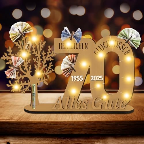 Idota Deko 70 Geburtstag Frau Mann Geldbaum Geschenk, Lebensbaum Deko mit Led, 70 Geburtstag Deko Geschenke, Holz-Schild Gästebuch Geldgeschenke, Personalisierte Geburtstag Geschenk von Idota