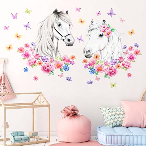 Idota Wandtattoo Pferdekopf, Selbstklebende Wandtattoo Blumen DIY Wandtattoo Kinderzimmer Schmetterlingen Schöne Deko Wandtattoo Pferde Mädchen für Geburtstagsfeiern/Schlafzimmer/Wohnzimmer von Idota