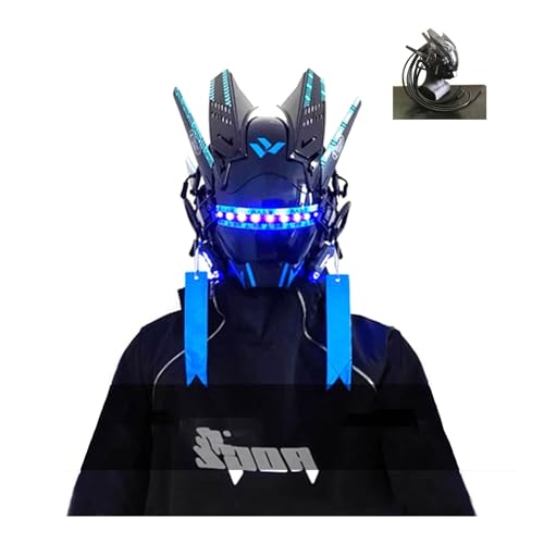 Punk-Helm, Punk-Maske, Halloween, LED-Lichtmaske, technologischer Sinn, Bühnen-Requisiten, Geschenke for Jungen, einzeiliges Licht, wiederaufladbar (Color : Blue+Braid, Size : 26in) von IeKei