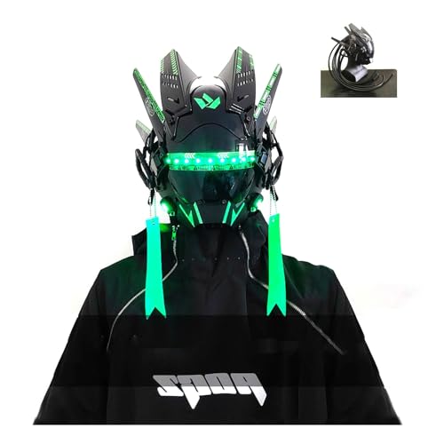 Punk-Helm, Punk-Maske, Halloween, LED-Lichtmaske, technologischer Sinn, Bühnen-Requisiten, Geschenke for Jungen, einzeiliges Licht, wiederaufladbar (Color : Green+Braid, Size : 26in) von IeKei