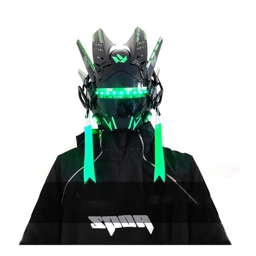 Punk-Helm, Punk-Maske, Halloween, LED-Lichtmaske, technologischer Sinn, Bühnen-Requisiten, Geschenke for Jungen, einzeiliges Licht, wiederaufladbar (Color : Green, Size : 26in) von IeKei