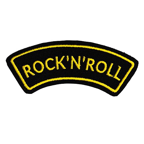 Rock'n'Roll bestickter Aufnäher mit Rückseite zum Aufbügeln auf schwarzem Segeltuch mit gelbem Faden zum Aufkleben auf Westen Biker Custom und Lederjacken von Iguana Custom