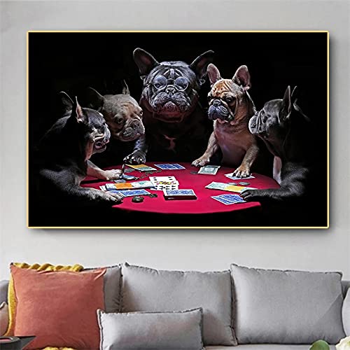 Ikogto Malen nach Zahlen Erwachsene DIY Handgemalt Ölgemälde auf Leinwand mit 3 Pinsel für Geburtstag Weihnachten Geschenk-Spielkarten der französischen Bulldogge 40x50cm Rahmenlos von Ikogto