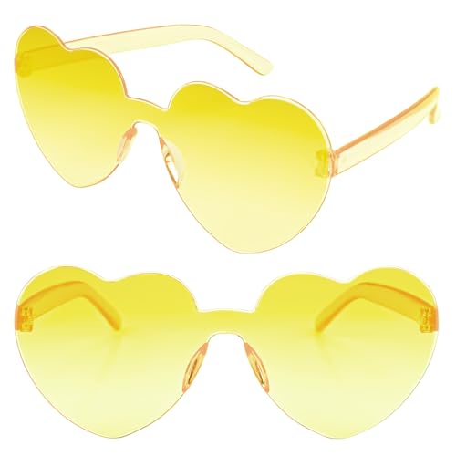 Ikosora Herz-Brille, Gelb Herz geformt randlose Sonnenbrille für Frauen, Kunststoff-Party Herz Brille Neuheit Spaß Sonnenbrille transparentes Herz Zubehör für Valentine von Ikosora