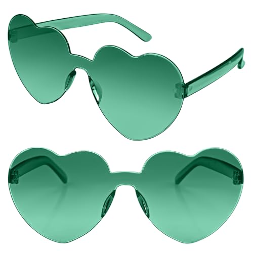 Ikosora Herz Brille, grünes Herz geformt randlose Sonnenbrille für Frauen, Kunststoff Party Herz Brille Neuheit Spaß Sonnenbrille Transparent Herz Zubehör für Valentin von Ikosora