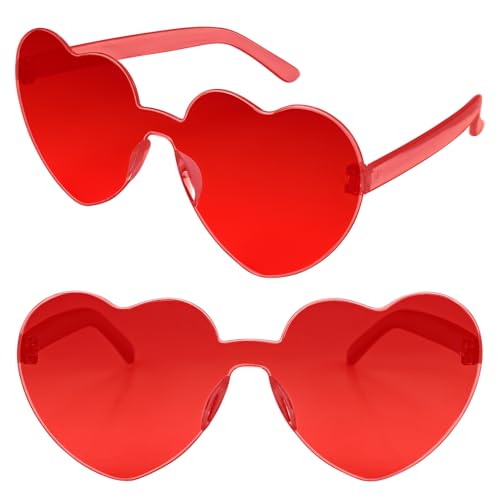 Ikosora Herz-Brille, rotes Herz geformt randlose Sonnenbrille für Frauen, Kunststoff-Party Herz Brille Neuheit Spaß Sonnenbrille transparentes Herz Zubehör für Valentine von Ikosora