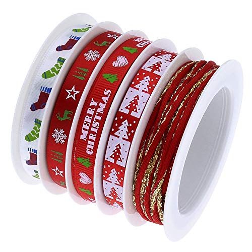 Ikruidy Weihnachtsband,Weihnachtsbänder 5 Stil 25 m Bunt Geschenkband für Weihnachten Hochzeit Verzieren DIY Handwerk 1 cm 2 cm in der Breite von Ikruidy