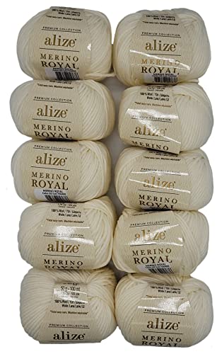 10 x 50g Strickwolle Alize Merino Royal, 100% Merino Wolle, 500 Gramm Merinowolle einfarbig (creme 62) von Ilkadim Export