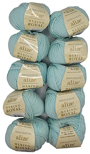 10 x 50g Strickwolle Alize Merino Royal, 100% Merino Wolle, 500 Gramm Merinowolle einfarbig (mint 522) von Ilkadim Export