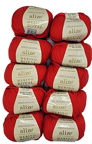 10 x 50g Strickwolle Alize Merino Royal, 100% Merino Wolle, 500 Gramm Merinowolle einfarbig (rot 56) von Ilkadim Export