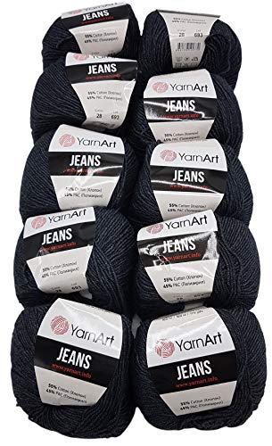 10 x 50g Strickwolle YarnArt Jeans einfarbig mit 55% Baumwolle, 500 Gramm Wolle uni (anthrazit 28) von Ilkadim Export