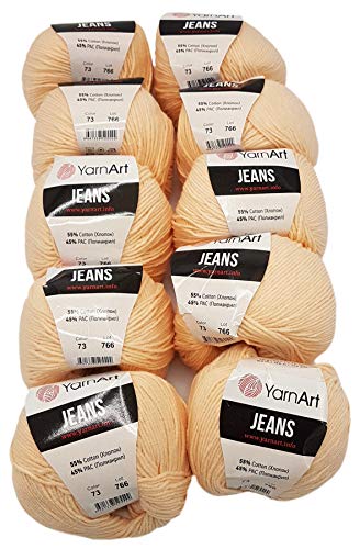 10 x 50g Strickwolle YarnArt Jeans einfarbig mit 55% Baumwolle, 500 Gramm Wolle uni (apricot 73) von Ilkadim Export