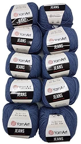 10 x 50g Strickwolle YarnArt Jeans einfarbig mit 55% Baumwolle, 500 Gramm Wolle uni (blau 68) von Ilkadim Export