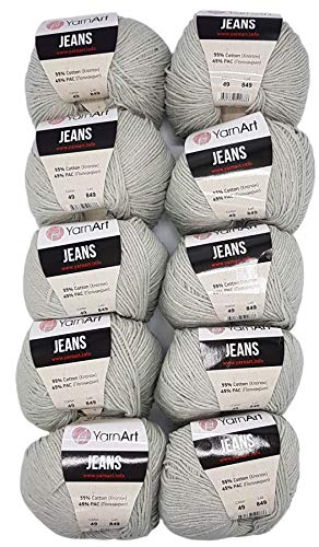10 x 50g Strickwolle YarnArt Jeans einfarbig mit 55% Baumwolle, 500 Gramm Wolle uni (grau 49) von Ilkadim Export