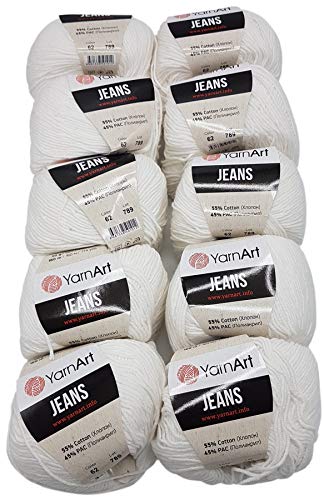 10 x 50g Strickwolle YarnArt Jeans einfarbig mit 55% Baumwolle, 500 Gramm Wolle uni (weiss 62) von Ilkadim Export