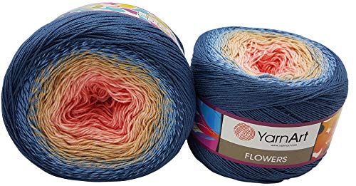 2 x 250g Ilkadim Export Flowers Bobbel Wolle Mehrfarbig, 55% Baumwolle, 500g Bobble Strickwolle mit Farbverlauf (blau beige apricot 262) von Ilkadim Export