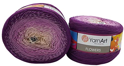 2 x 250g Ilkadim Export Flowers Bobbel Wolle Mehrfarbig, 55% Baumwolle, 500g Bobble Strickwolle mit Farbverlauf (lila flieder creme 290) von Ilkadim Export