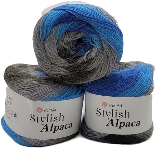 3 x 150g Ilkadim Export Stylish Alpaca Strickwolle, Alpaka und Acryl, 450 Gramm weiches Garn, Strickgarn mehrfarbig, (blau grau 7709) von Ilkadim Export