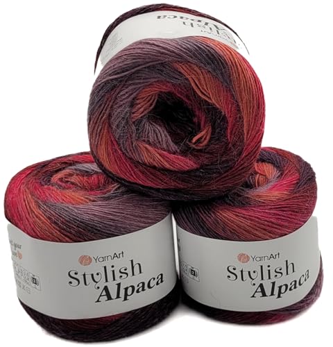 3 x 150g Ilkadim Export Stylish Alpaca Strickwolle, Alpaka und Acryl, 450 Gramm weiches Garn, Strickgarn mehrfarbig, (grau beere bordeaux rot 7713) von Ilkadim Export
