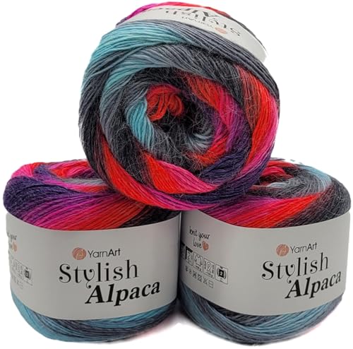 3 x 150g Ilkadim Export Stylish Alpaca Strickwolle, Alpaka und Acryl, 450 Gramm weiches Garn, Strickgarn mehrfarbig, (grau rot pink ua 7711) von Ilkadim Export