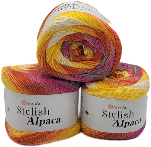 3 x 150g Ilkadim Export Stylish Alpaca Strickwolle, Alpaka und Acryl, 450 Gramm weiches Garn, Strickgarn mehrfarbig, (pink terrakotta gelb weiss ua 7719) von Ilkadim Export