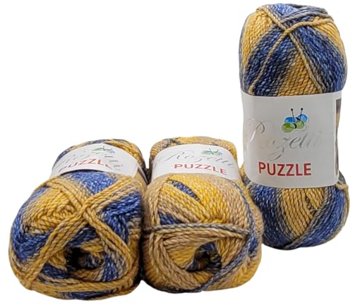 3 x 200 Gramm Rozetti Puzzle Strickgarn, Wolle mehrfarbig, 600 Gramm Strickwolle mit Farbverlauf (blau gelb 233-26) von Ilkadim Export