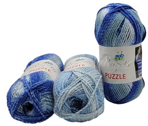 3 x 200 Gramm Rozetti Puzzle Strickgarn, Wolle mehrfarbig, 600 Gramm Strickwolle mit Farbverlauf (blau weiss 233-23) von Ilkadim Export