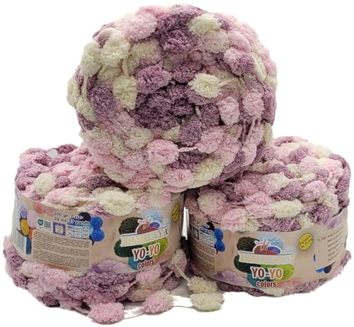 3 x 200g Ilkadim Export Pompon Garn Yo-Yo mehrfarbig, 600 Gramm Pompom – Wolle (flieder rosa creme 82008) von Ilkadim Export