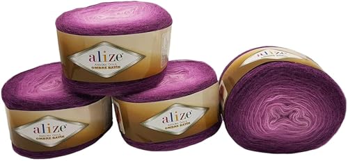 4 x 150 g Ilkadim Export feine Ombre Strickwolle Farbverlauf, 600 Gramm Strickgarn mit 20% Wolle-Anteil, Farbverlufswolle (lila 7244) von Ilkadim Export