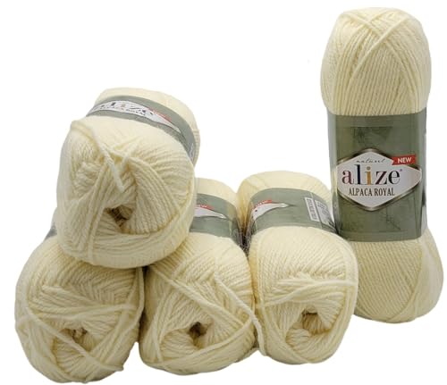 5 x 100 Gramm Alize Alpaka Royal Strickwolle, 500 Gramm Strickgarn einfarbig mit 30% Alpakawolle (creme 01) von Ilkadim Export