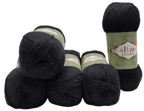 5 x 100 Gramm Alize Alpaka Royal Strickwolle, 500 Gramm Strickgarn einfarbig mit 15% Alpakawolle (schwarz 60) von Ilkadim Export