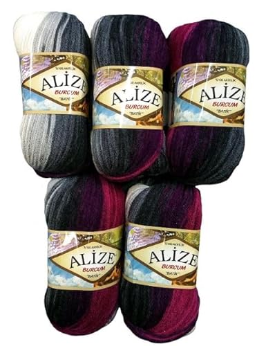 5 x 100 Gramm Alize Burcum Batik Wolle mehrfarbig mit Farbverlauf, 500 Gramm Acryl Strickwolle bunt (beere lila schwarz ua 4202) von Ilkadim Export