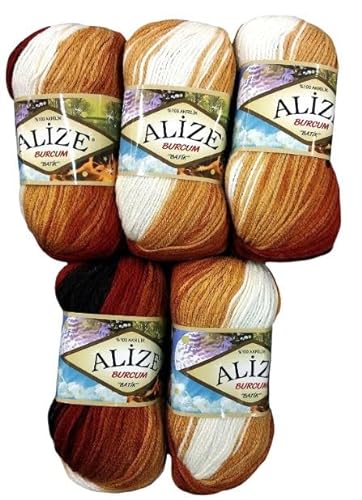 5 x 100 Gramm Alize Burcum Batik Wolle mehrfarbig mit Farbverlauf, 500 Gramm Acryl Strickwolle bunt (braun weiss grau 2626) von Ilkadim Export
