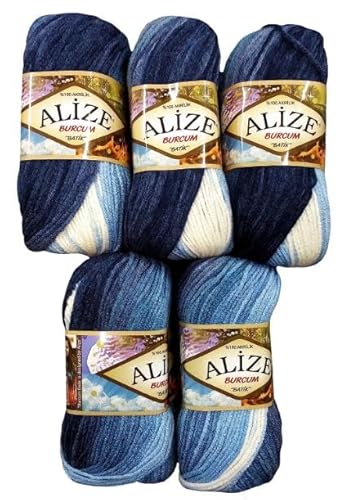 5 x 100 Gramm Alize Burcum Batik Wolle mehrfarbig mit Farbverlauf, 500 Gramm Acryl Strickwolle bunt (dunkelblau weiß 1899) von Ilkadim Export