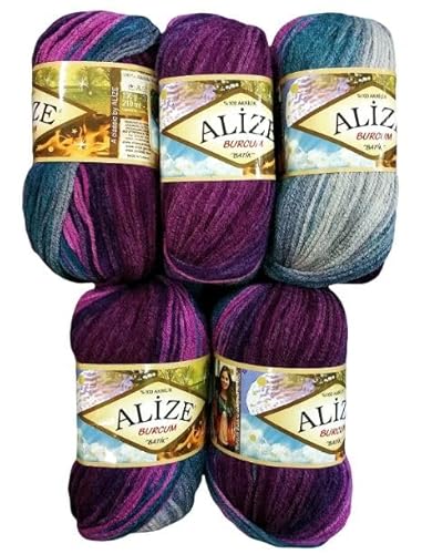 5 x 100 Gramm Alize Burcum Batik Wolle mehrfarbig mit Farbverlauf, 500 Gramm Acryl Strickwolle bunt (lila flieder grau 3366) von Ilkadim Export