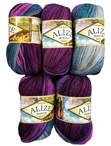 5 x 100 Gramm Alize Burcum Batik Wolle mehrfarbig mit Farbverlauf, 500 Gramm Acryl Strickwolle bunt (lila flieder grau 3366) von Ilkadim Export