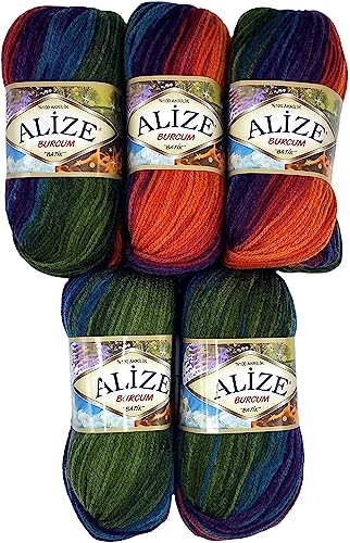 5 x 100 Gramm Alize Burcum Batik Wolle mehrfarbig mit Farbverlauf, 500 Gramm Acryl Strickwolle bunt (lila orange blau grün 4827) von Ilkadim Export