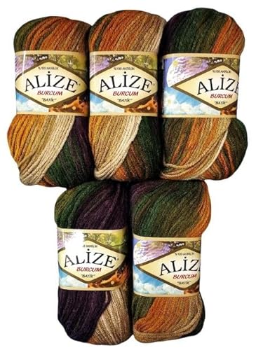 5 x 100 Gramm Alize Burcum Batik Wolle mehrfarbig mit Farbverlauf, 500 Gramm Acryl Strickwolle bunt (ocker olive beige 5850) von Ilkadim Export