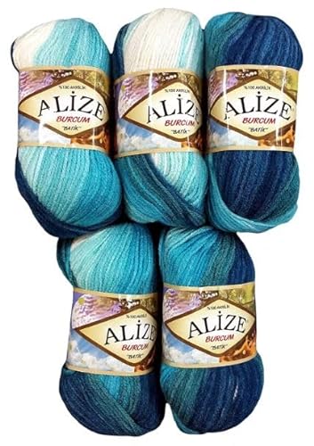 5 x 100 Gramm Alize Burcum Batik Wolle mehrfarbig mit Farbverlauf, 500 Gramm Acryl Strickwolle bunt (petrol türkis weiss 1892) von Ilkadim Export