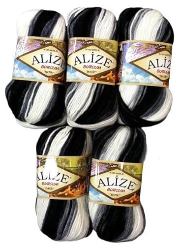 5 x 100 Gramm Alize Burcum Batik Wolle mehrfarbig mit Farbverlauf, 500 Gramm Acryl Strickwolle bunt (schwarz grau weiß 4428) von Ilkadim Export