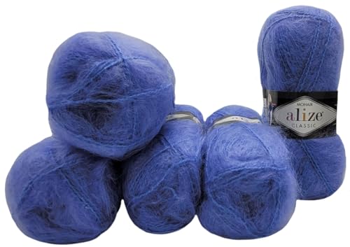 5 x 100 Gramm Alize Mohair Classic Strickwolle, 500 Gramm Strickgarn einfarbig mit 25% Mohair Wolle (blau 40) von Ilkadim Export