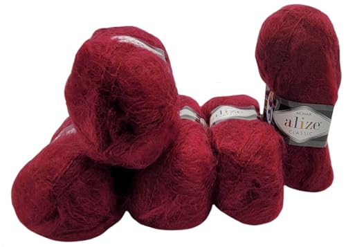 5 x 100 Gramm Alize Mohair Classic Strickwolle, 500 Gramm Strickgarn einfarbig mit 25% Mohair Wolle (bordeaux 57) von Ilkadim Export