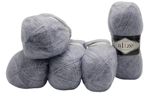 5 x 100 Gramm Alize Mohair Classic Strickwolle, 500 Gramm Strickgarn einfarbig mit 25% Mohair Wolle (grau 21) von Ilkadim Export