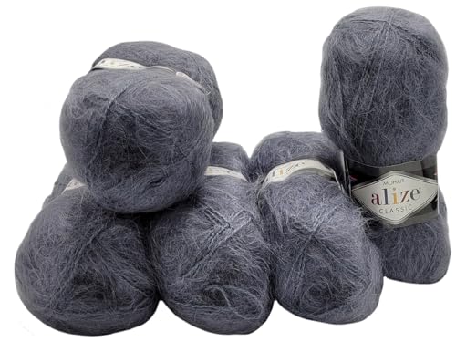 5 x 100 Gramm Alize Mohair Classic Strickwolle, 500 Gramm Strickgarn einfarbig mit 25% Mohair Wolle (grau 87) von Ilkadim Export