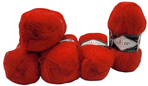 5 x 100 Gramm Alize Mohair Classic Strickwolle, 500 Gramm Strickgarn einfarbig mit 25% Mohair Wolle (rot 56) von Ilkadim Export