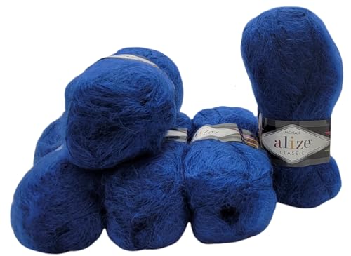5 x 100 Gramm Alize Mohair Classic Strickwolle, 500 Gramm Strickgarn einfarbig mit 25% Mohair Wolle (royal blau 409) von Ilkadim Export