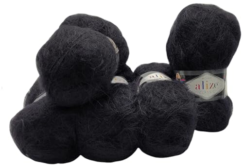 5 x 100 Gramm Alize Mohair Classic Strickwolle, 500 Gramm Strickgarn einfarbig mit 25% Mohair Wolle (schwarz 60) von Ilkadim Export