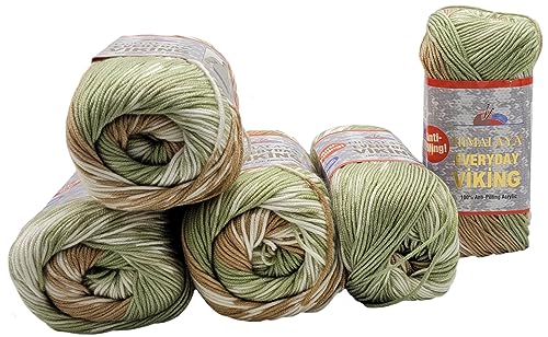 5 x 100 Gramm Everyday Viking Antipilling Wolle mit Farbverlauf, 500 Gramm Strickwolle mit Anti-Pilling Effekt Mehrfarbig, Norwegermuster (grün beige weiss 70526) von Ilkadim Export