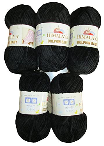 5 x 100 Gramm Himalaya Dolphin Strickwolle, Babywolle einfarbig, 500 Gramm Wolle Strickgarn Super Bulky (schwarz 80311) von Ilkadim Export