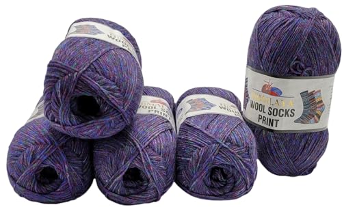 5 x 100 Gramm Himalaya Socks Print Sockenwolle mehrfarbig, 75% Merinowolle, 500 Gramm Wolle für Stricksocken und Strümpfe (lila blau grün ua s07-05) von Ilkadim Export